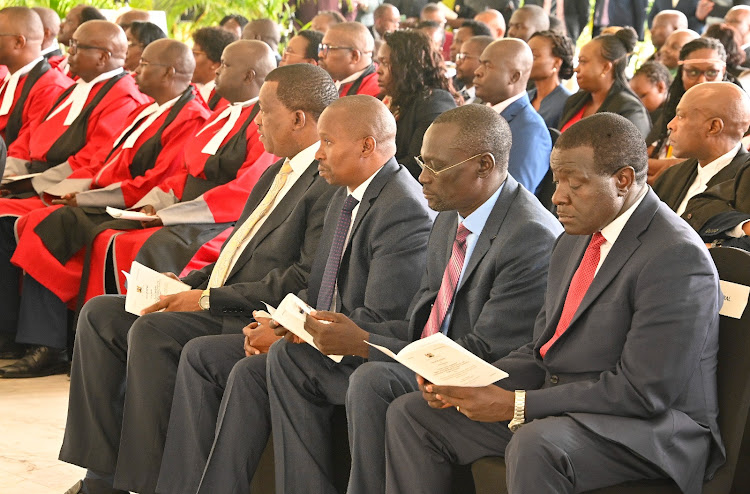 Attorney General Justin Muturi, Interior CS Kithure Kindiki, State House Deputy Chief of Staff Josephat Nanok and Solicitor General Shadrack Mose attend the swearing in of newly appointed High Court judges at State House, Nairobi on May 14, 2024.