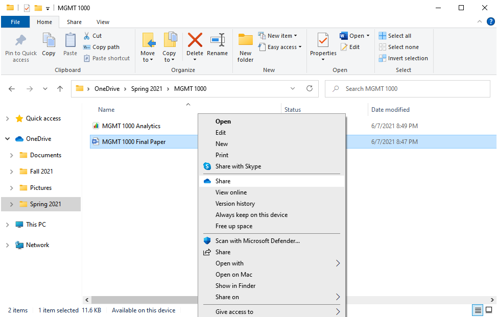 Screenshot of Windows Explorer folder with the Share option highlighted after you right-click on a file.