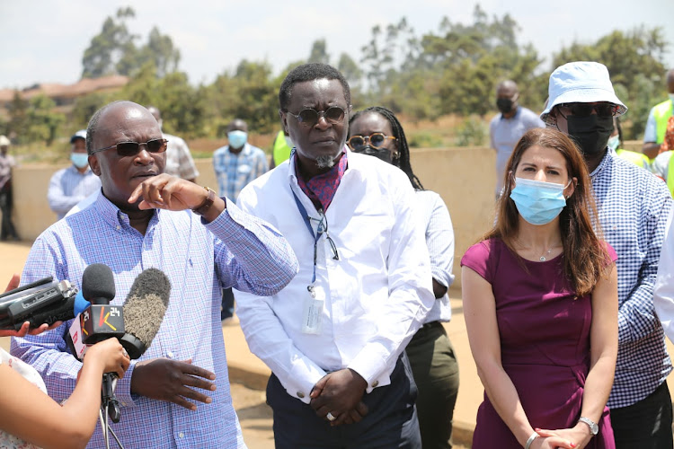 Transport Cabinet Secretary James Macharia, Technical Assistant to the President ,Mutahi Ngunyi and Cecile Brandao, CEO Rift Valley Highway Limited addressing the media at Rironi on September 29, 2021