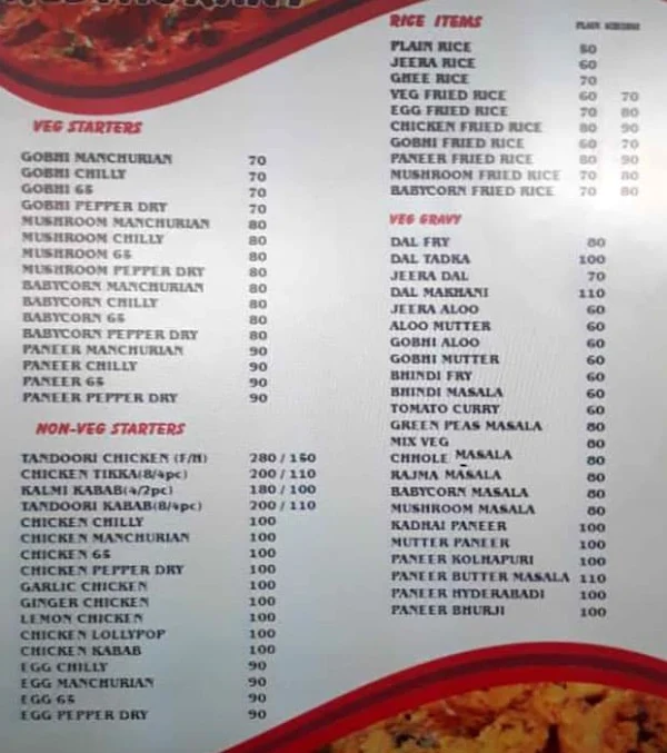 Priya's Punjabi menu 