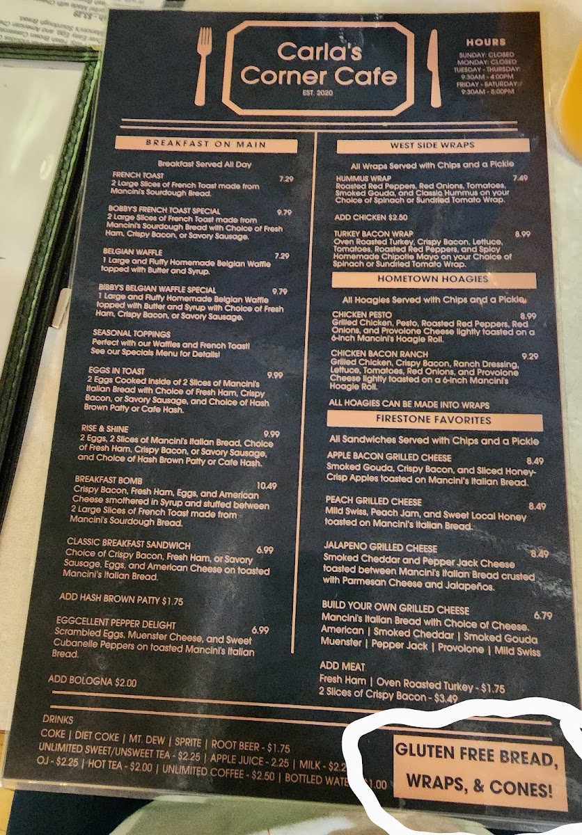 Carla's Corner Cafe gluten-free menu