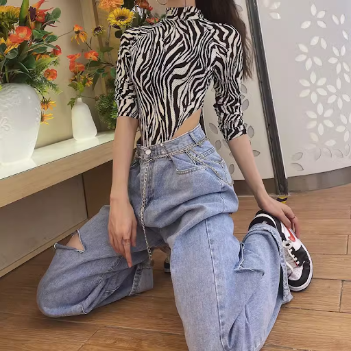 Title 3, Womens Zebra Pattern Hollow Half High Neck Bod...