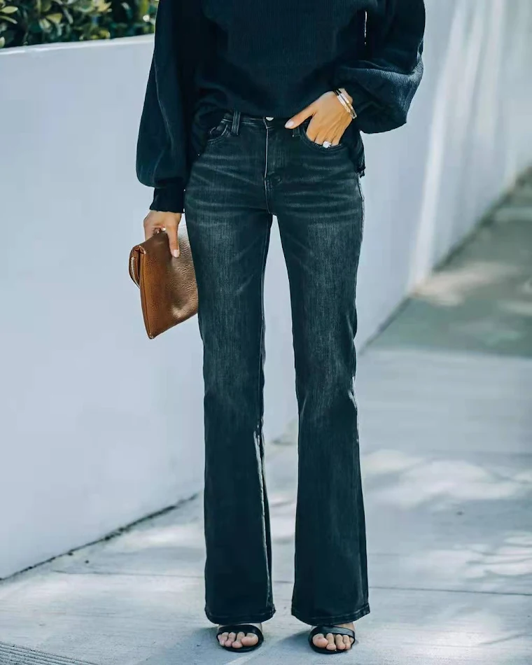 Jeans a zampa a vita alta da donna, elasticizzati, di tendenza moda europea e americana per il commercio estero, perfetti per ogni occasione.