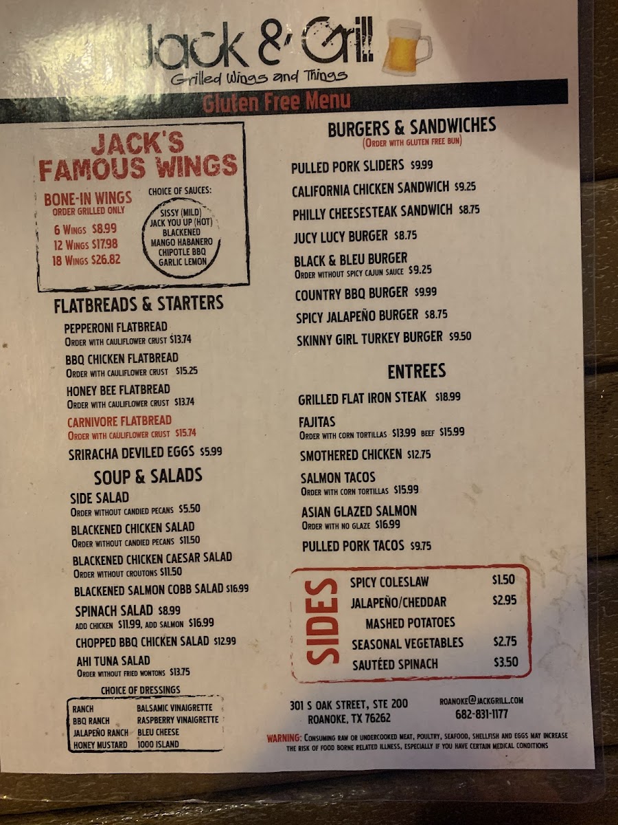 Jack & Grill gluten-free menu