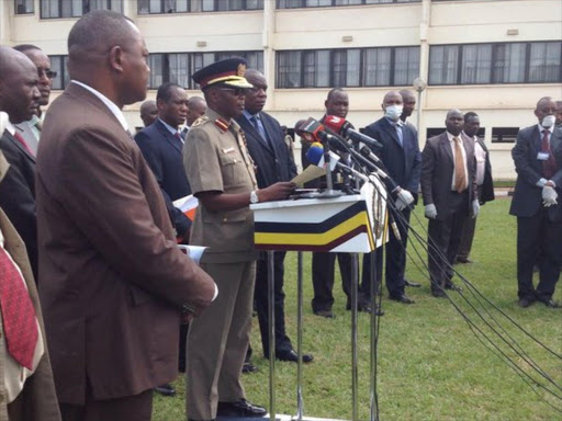 Inspector General of Police Joseph Boinnet issues a statement at the DCI headquarters on Monday following the arrest of a Cameroonian and Niger national with Sh112 billion in fake currency. Photo/COURTESY