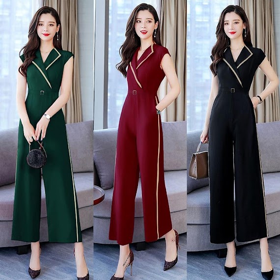 Jum dài ống suông cổ vest phối viền be kèm belt