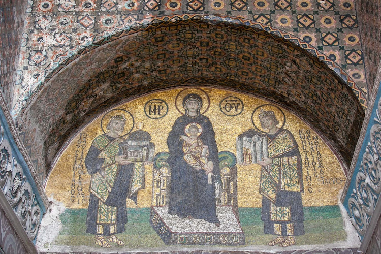 The southwestern entrance mosaic at Hagia Sophia depicts the Virgin Mary holding the Christ child with emperor Justinian I at the left and emperor Constantin at the right. 