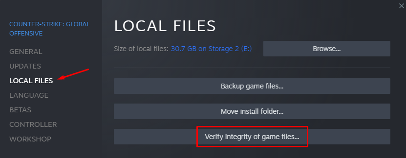 Screenshot of steam local files page