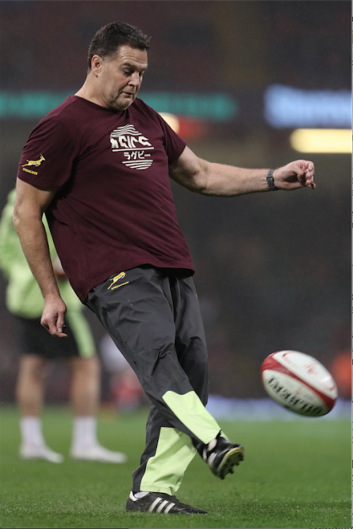 South Africa's director of rugby Rassie Erasmus has a kick about ahead of the Autumn International friendly rugby union match against Wales at the Principality Stadium in Cardiff on November 6