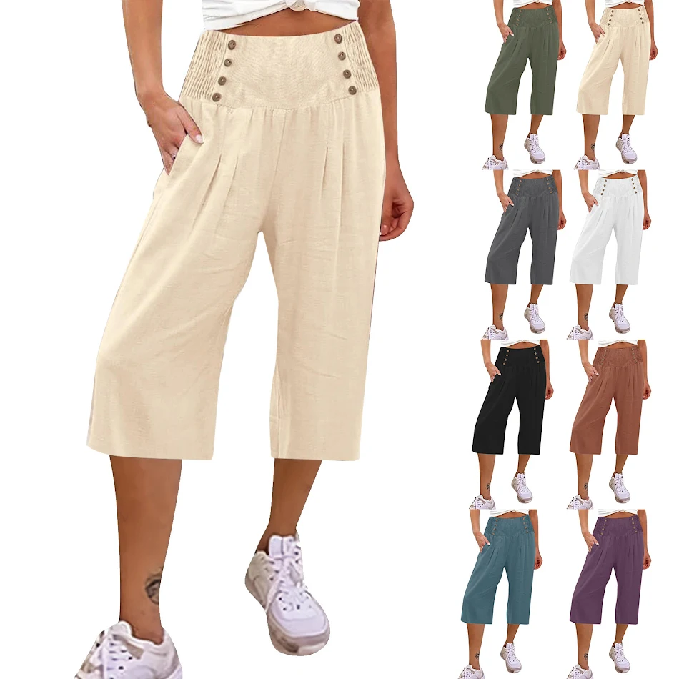 Pantalones Cortos Casuales Sueltos de Mujer en Algodón y Lino con Botones y Color Sólido Perfectos para el Verano