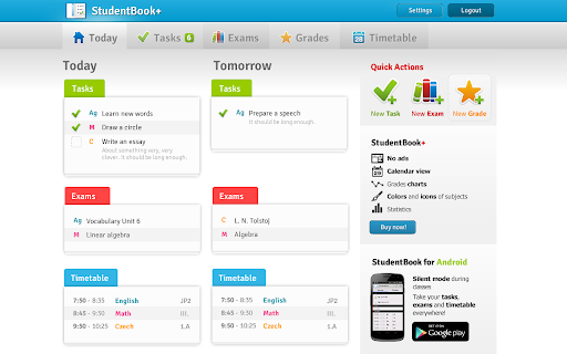 StudentBook+ Today Tomorrow Actions. StudentBook Timetable Timetable 