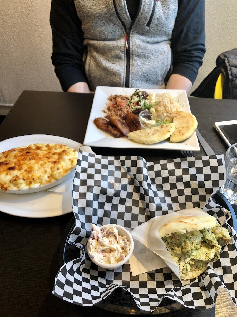 Venezuelan appis vt, heavenly mac and cheese, and chicken and avocado arepa