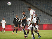 Nathan Sinkala of Stellenbosch FC scores after he wins a header against Thulani Hlatshwayo of Orlando Pirates during the DStv Premiership match between Orlando Pirates and Stellenbosch FC at Orlando Stadium on October 28 2020. 