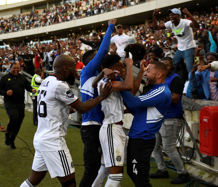 Orlando Pirates’ Relebohile Ratomo celebrates a goal with teammates during the DStv Premiership match against AmaZulu FC at Moses Mabhida Stadium, May 20 2023. Picture: BACKPAGE PIX/SYDNEY MAHLANGU