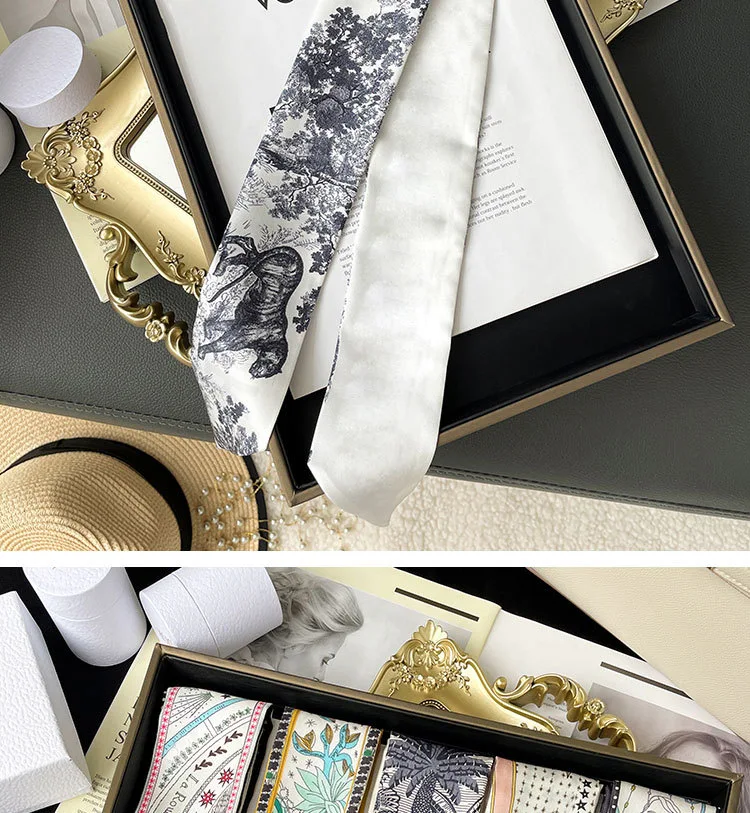 Dunne, lange zijden sjaal, smalle haarband of armband. Decoratie voor tas of haar. Stijlvol en veelzijdig accessoire.