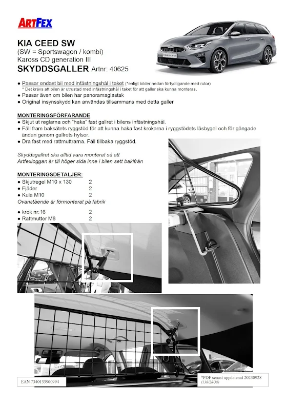 Artfex Hundgaller/Skyddsgaller Kia Ceed SW 2019- (kaross CD generation III) 