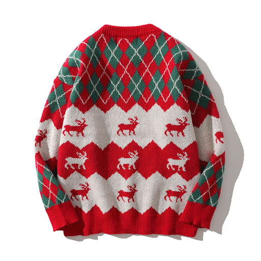 Title 4, Long Sleeve Rhombus Plaid Deer Knitted Sweater....