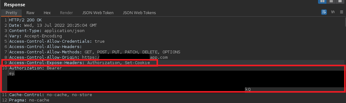 A code block screenshot by White Oak Security's expert pentesters when enumerating the target application that the Authorization header and Bearer token was reflected on every response. Additionally, the Access-Control-Expose-Headers directive included the Authorization header.