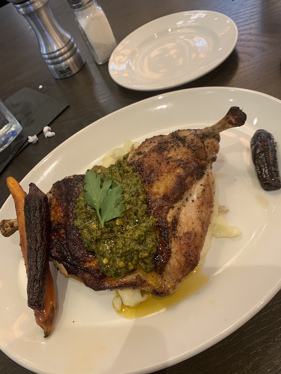 ROASTED CHICKEN Baby Heirloom Carrots, Caper Chimichurri, Hand-Mashed Russet Potatoes. The caper chimichurri was spicy!! Great meal!