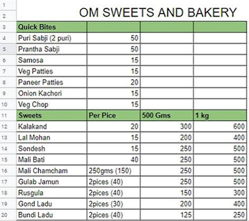 Om Sweets And Bakery menu 