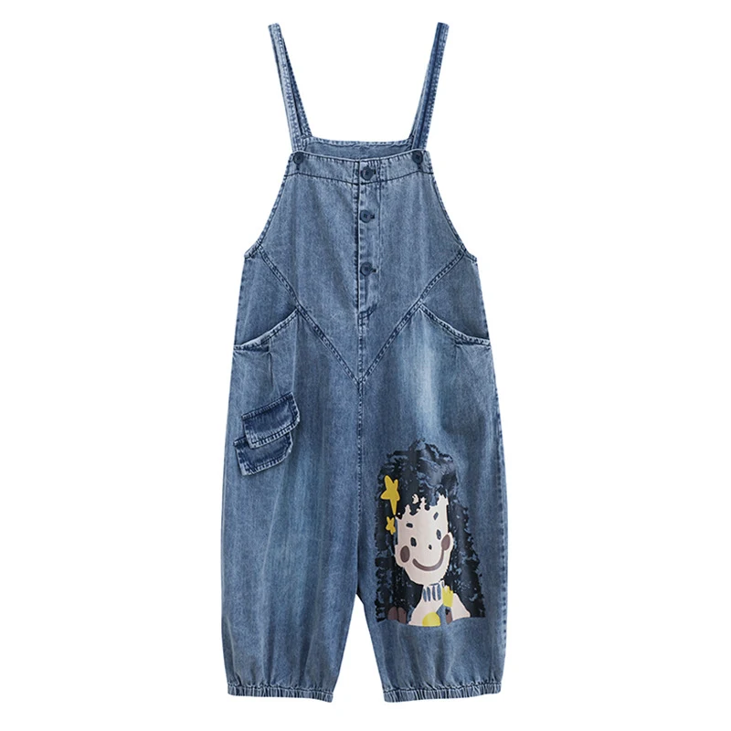 Retro jeansjurk in grote maten met cartoonmeisjesprint voor een jeugdiger look. Geniet van een comfortabele en stijlvolle uitstraling met dit unieke ontwerp.