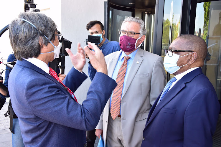 Patrick Soon-Shiong with Stellenbosch University rector Wim de Villiers and higher education, science and technology minister Blade Nzimande, at the launch of the Chan Soon-Shiong Centre for Epidemic Response and Innovation on January 19 2022. Picture: GCIS/ELMOND JIYANE