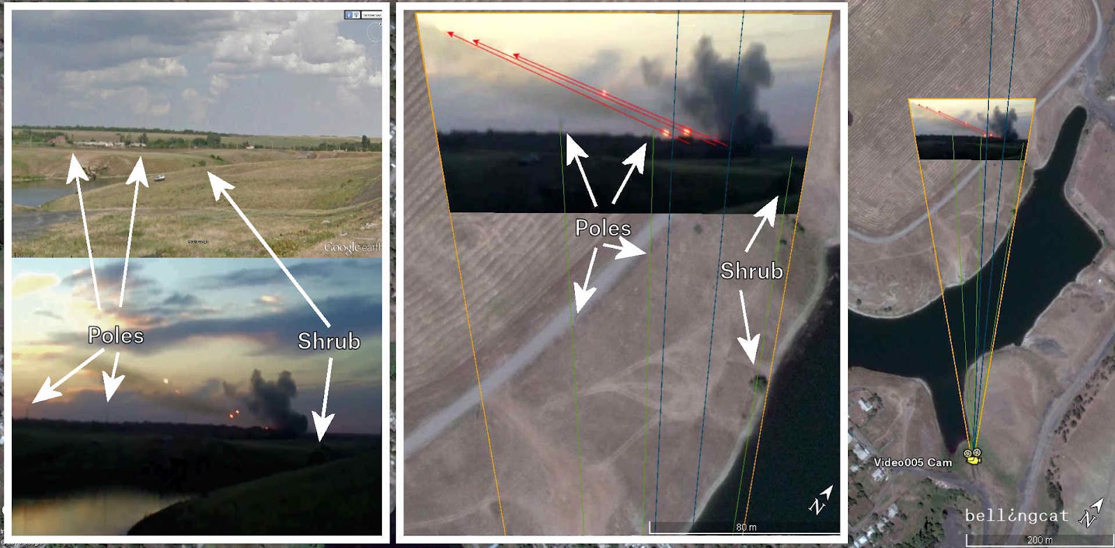 Camera location of Video005 – blue lines in the middle point toward the firing position