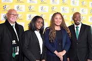  Bennett Bailey, Lydia Monyepao ,Linda Zwane and Tumi Dlamini during the South Africa bid committee announcement for the FIFA Women's World Cup 2027 at SAFA House on June 17, 2023 in Johannesburg, South Africa. 