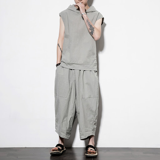Title 2, Two-piece cotton and linen solid color hooded v...