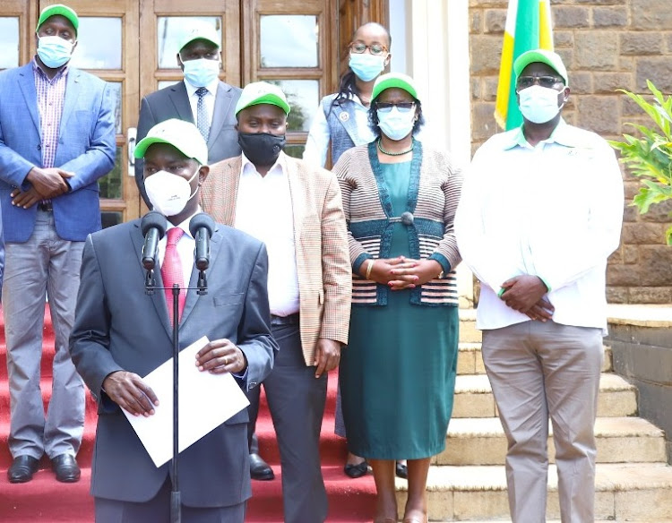 Governor Jackson Mandago speaks outside his office on March 31, 2021