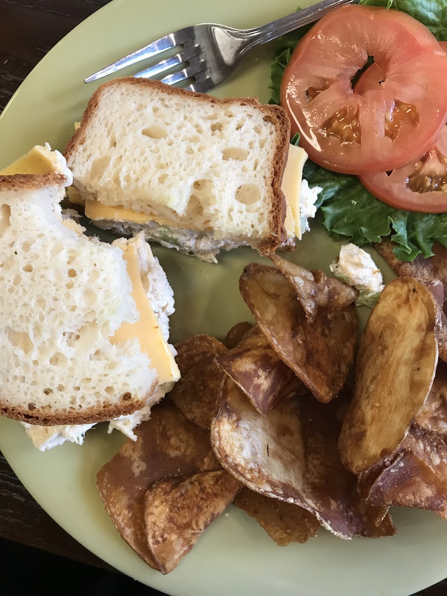 Softest, yummiest, GF bread ever tasted topped with homemade chicken salad and custom made kettle chips. Scrumptious!