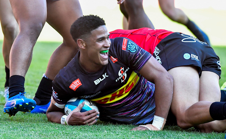 Sacha Feinberg-Mngomezulu of the Stormers scores a try during the United Rugby Championship match against Lions at Emirates Airline Park on October 21, 2023.