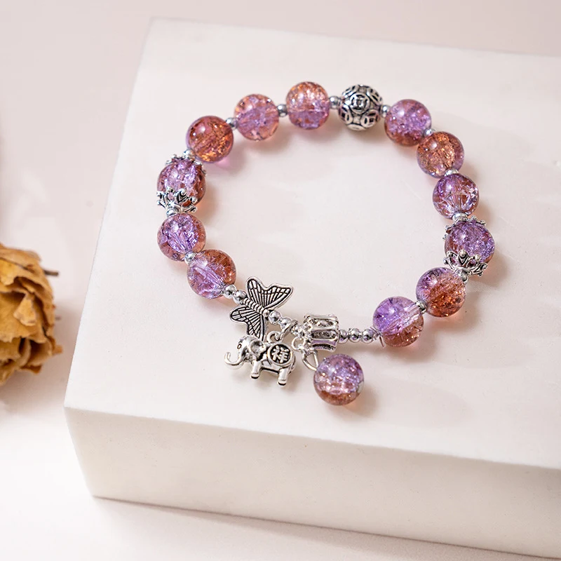 Chinesische Armband im Schmetterling-Stil mit Craquelé-Kristallen, Farbverlauf-Perlen und antikem Silber für Damen.