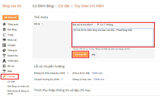 Cài đặt thẻ mô tả cho Blogspot