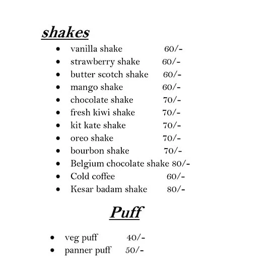 Cake And Shakes menu 