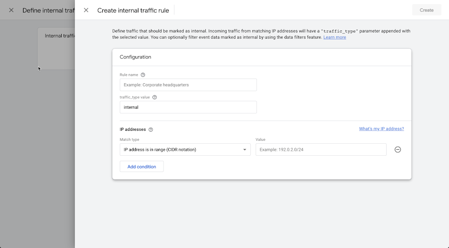 Oberfläche zum Erstellen von Regeln für internen Traffic