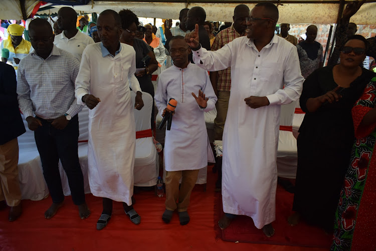 LBDA MD Wycliffe Ochiaga, Director at Utalii College John Odek, Director presidential delivery unit Sylvance Osele and CS Eliud Owalo in Kabondo Kasipul constituency on May 5, 2024