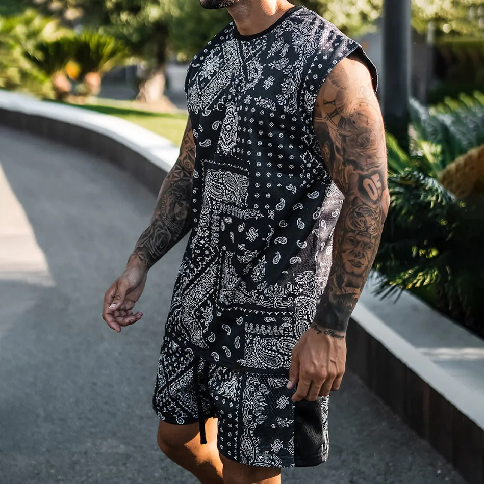 Muški Letnji Set Majica i Šorts Paisley Print Dvodelni Kompleks Odličan za Toplo Vreme Opušten Stil Idealno za Plazu i Svakodnevnicu.