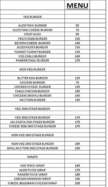 Yes Burger menu 