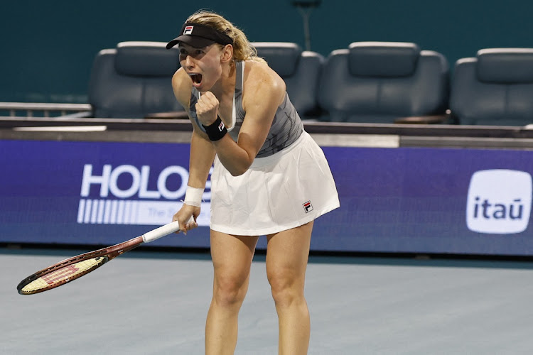 Russia's Ekaterina Alexandrova celebrates beating Pole Iga Swiatek on day eight of the Miami Open at Hard Rock Stadium on March 25, 2024