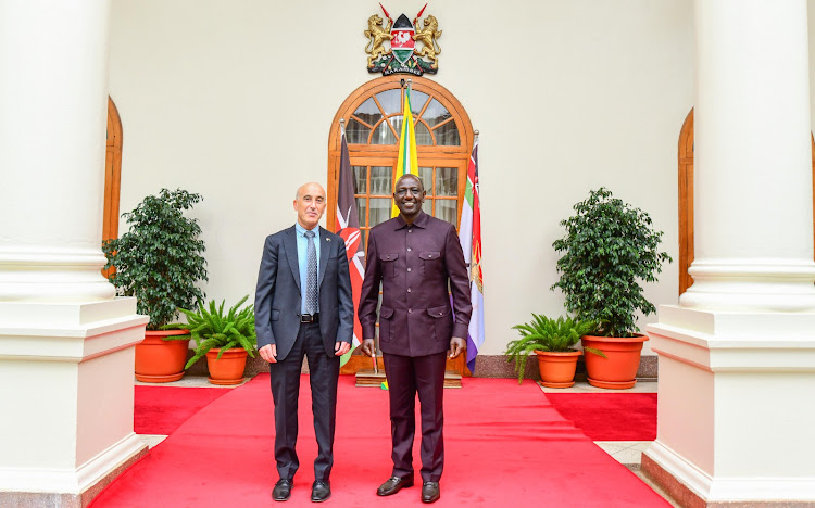 President William Ruto and Israel Ambassador to Kenya Lotem Michael at State House, Nairobi on August 4, 2023