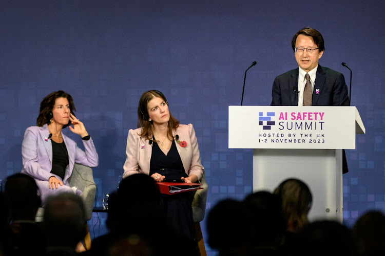 U.S. Secretary of Commerce Gina Raimondo and British Secretary of State for Science, Innovation and Technology Michelle Donelan listen to China's Vice Minister of Science and Technology Wu Zhaohui speaking on Day 1 of the AI Safety Summit at Bletchley Park in Bletchley, Britain on November 1, 2023. Picture: LEON NEAL/POOL VIAREUTERS