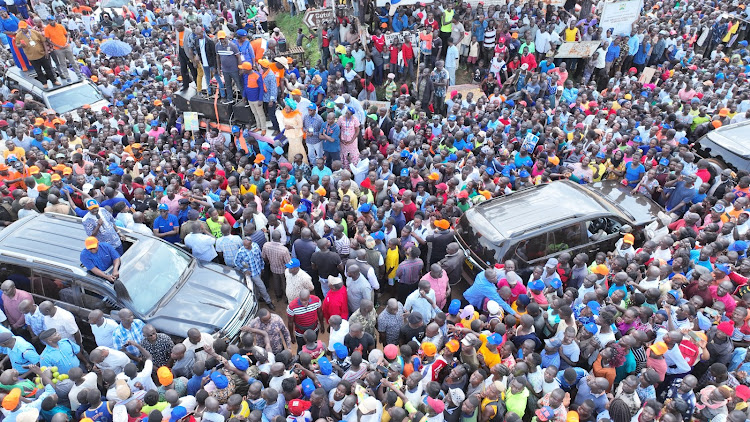 Azimio Presidential candidate Raila Odinga addressing a crowd at Nambale, Busia County on Thursday, May 26, 2022.