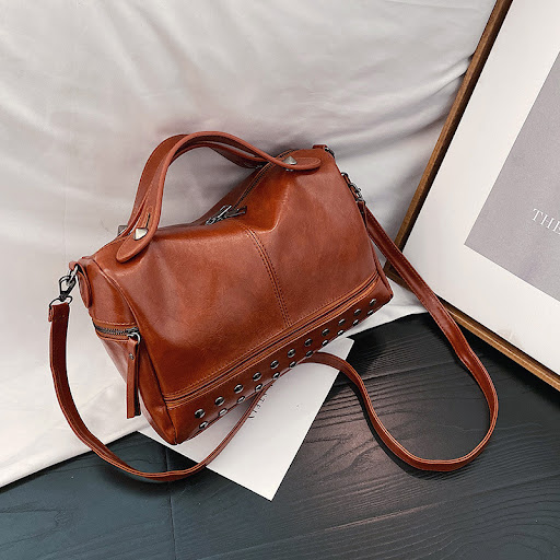 Title 2, Oil Leather Handbag Shoulder Bag with Rivets Cr...