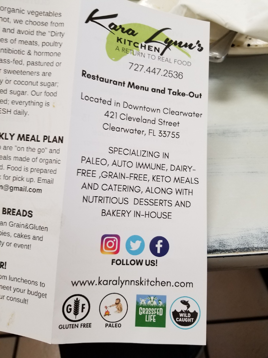 Kara Lynn's Kitchen "The Market" gluten-free menu