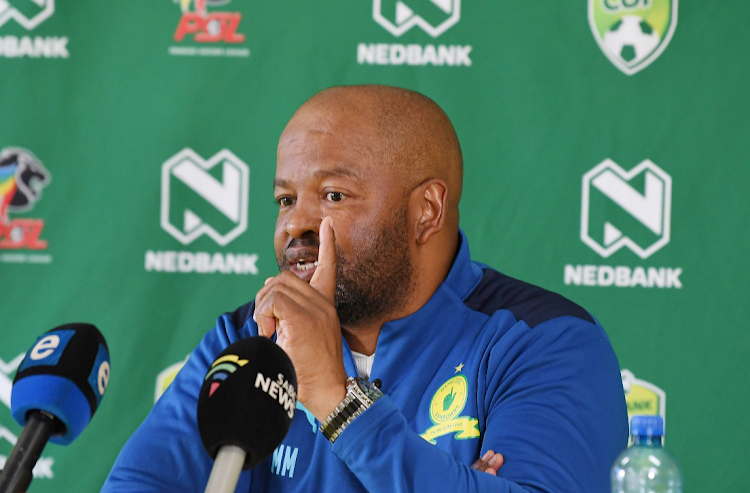 Mamelodi Sundowns co-coach Manqoba Mngqithi makes a point at the press conference ahead of the Nedbank Cup final against Marumo Gallants on Saturday.