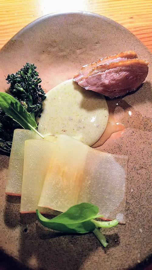 Langbaan PDX Chefs Who Inspire Dinner with Justin Woodward, Third course of Duck, apple, broccolini