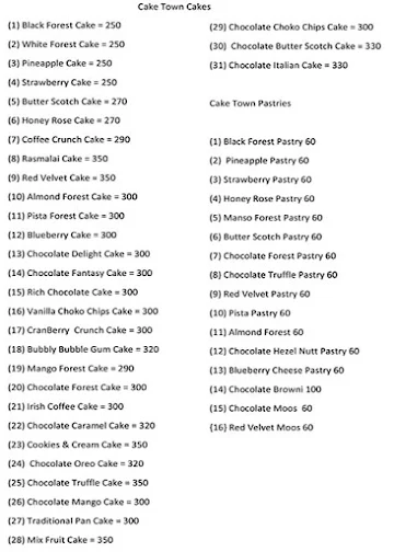 Cake Town menu 