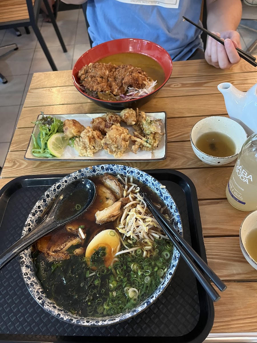 Shoyu ramen, chicken katsu curry, karaage chicken, veggie tempura