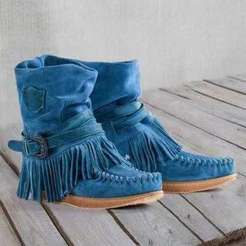 Botas de franja femininas Sexy com tassel e fivela fashion. Adicione um toque moderno e estiloso ao seu visual com essas botas incríveis.
